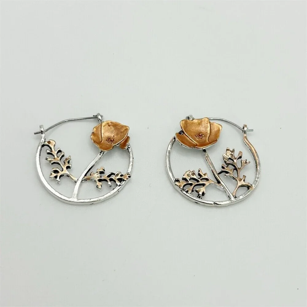 Floral Hoop Earrings Silver Tone Copper Tone Poppy Flower Leaf Branch Hinged - Picture 3 of 7
